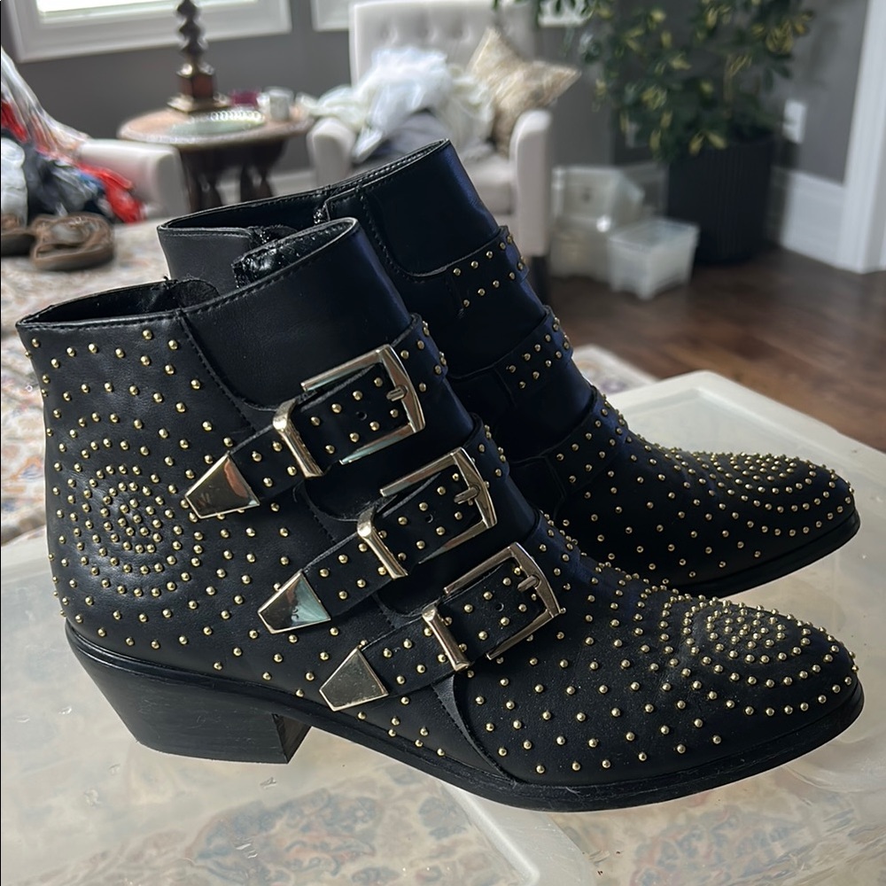 Black and Gold Ankle Boots with Studded Detailing